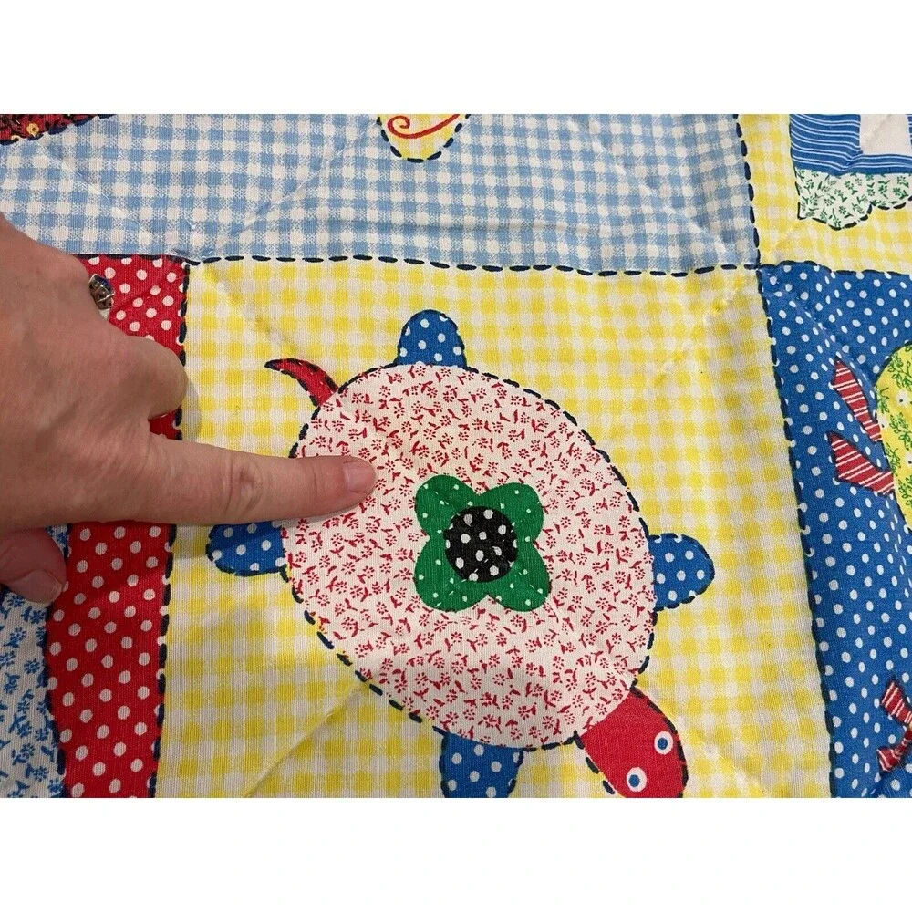 Vintage‎ 70's Quilted Blanket Train Cat Bear Turtle Spring Mills Cotton 59”x42”
